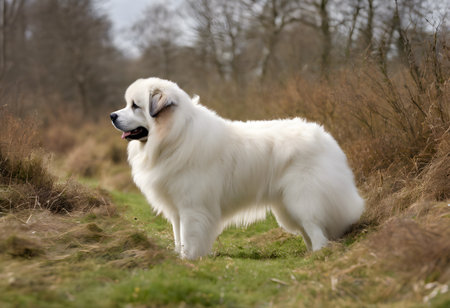 Portrait of a purebred Caucasian shepherd dog standing in a fieldの素材