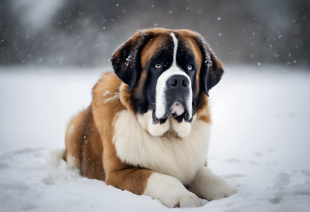 St. Bernard dog lying on the snow in the winter forest.の素材