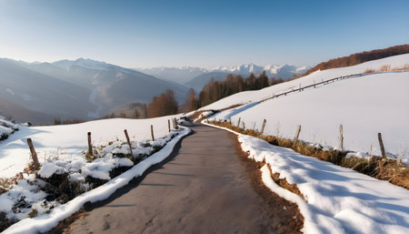 Snowy road in the mountains. Carpathians, Ukraine, Europeの素材