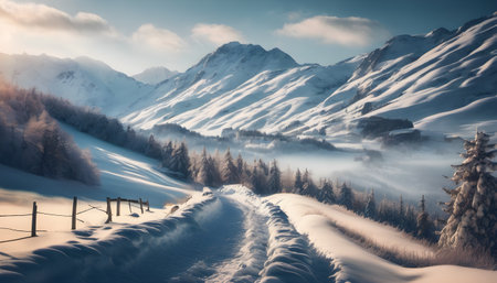 Snowy road in the mountains. Panoramic view. Winter landscape.の素材