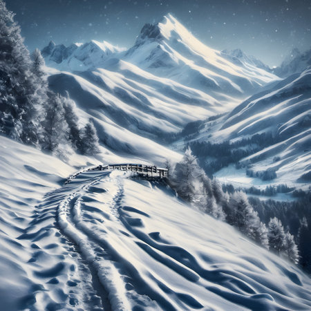 Snowy winter mountain landscape with wooden bridge and path. 3d renderingの素材