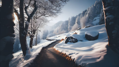 Beautiful winter landscape with snow covered trees and road in the mountainsの素材