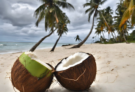 coconut on the beach with palm trees and sea in backgroundの素材