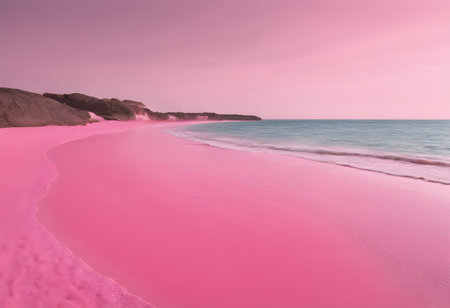 Pink sand beach with pink waves at sunset, Sardinia, Italyの素材