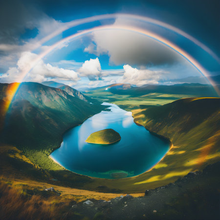 Aerial view of a lake in the mountains with rainbow in the skyの素材