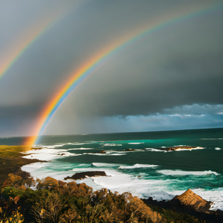 Rainbow over the ocean in New Zealand. Beautiful natural background.の素材