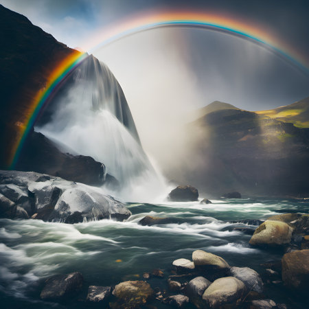 Rainbow over Skogafoss waterfall in Iceland. Long exposureの素材