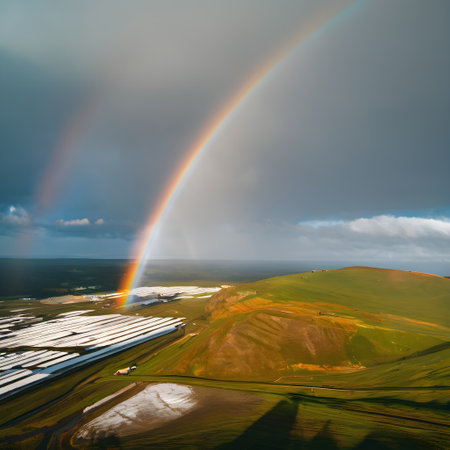 Aerial view of a rainbow over a green field with solar panelsの素材