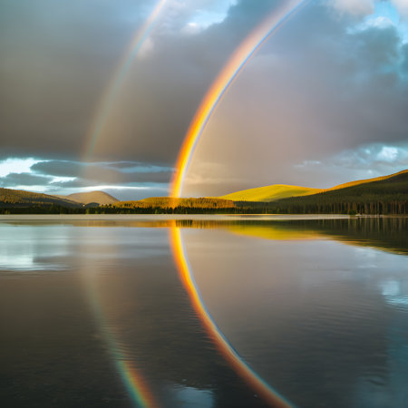 Rainbow over a lake in the Canadian Rockies, Alberta, Canadaの素材