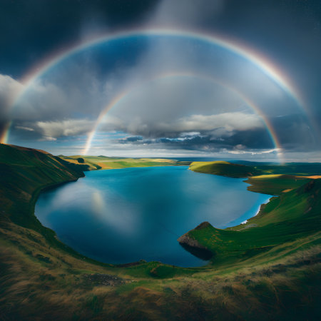 Rainbow over a lake in the grasslands of New Zealand.の素材