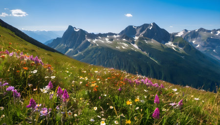 Beautiful alpine meadow with wildflowers and mountains in backgroundの素材