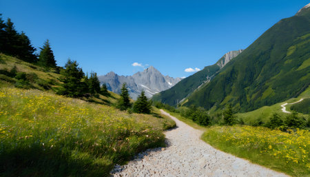 Mountain landscape with a path in the foreground and the Alps in the backgroundの素材