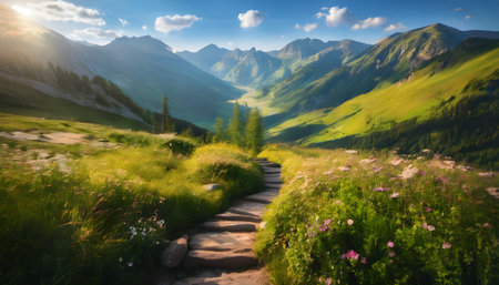 Panoramic view of alpine meadow at sunset. Summer landscape.の素材