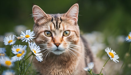 Portrait of a cat with daisies in the meadowの素材