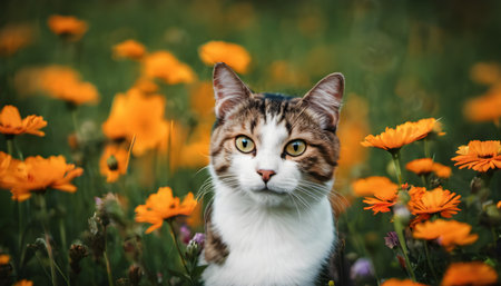Cute cat in the meadow with orange flowers, selective focusの素材