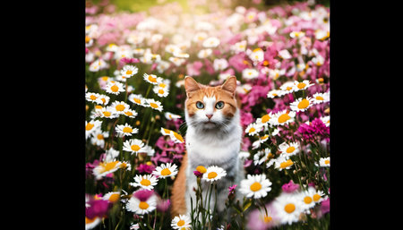 Cute cat in flower garden with copy space. Selective focus.の素材