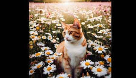 Cat on the daisy flower meadow at sunset. Summer nature backgroundの素材