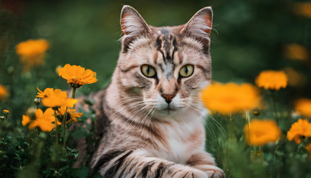 Portrait of a beautiful tabby cat on a background of yellow flowersの素材