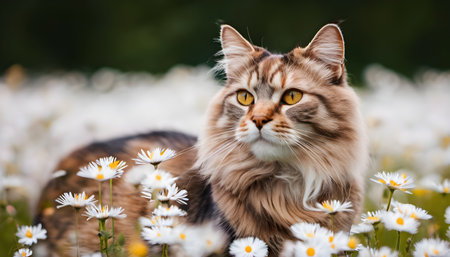 fluffy siberian cat in the field with daisiesの素材
