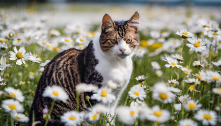 Beautiful cat sitting in a field of daisies. Selective focus.の素材