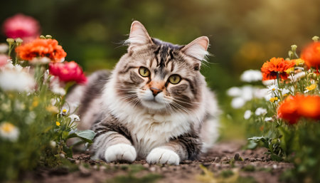 Portrait of a beautiful siberian cat in the garden.の素材