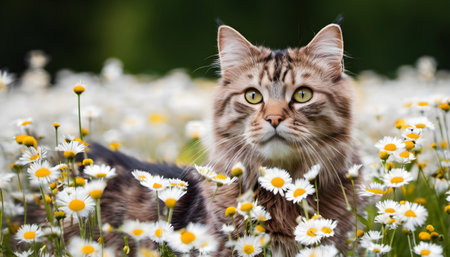 Beautiful siberian cat in a field of daisiesの素材