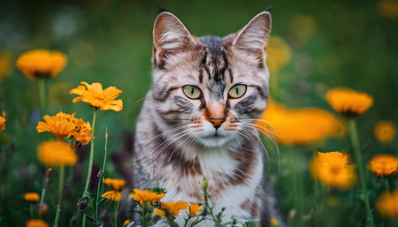 Portrait of a tabby cat in a meadow with yellow flowersの素材