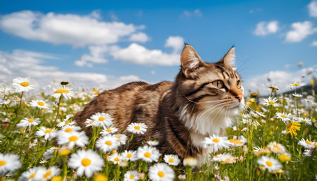 Maine Coon cat on camomile meadow in summerの素材