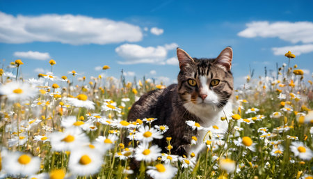 Cute cat on camomile meadow with daisiesの素材