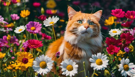 Beautiful red cat on the background of flowers in the garden.の素材