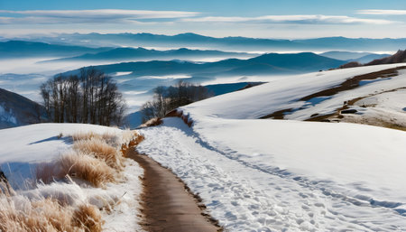 Winter Carpathian mountains landscape with snow covered path and blue skyの素材