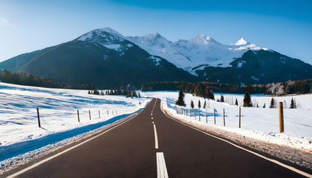 Snowy winter road with snow covered mountains in the background, Switzerlandの素材