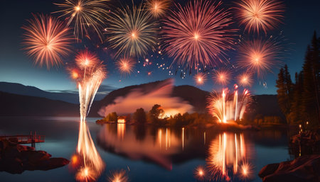 Colorful fireworks on the background of the lake and the mountains.の素材