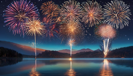 Colorful fireworks on the background of the night sky and lake.の素材