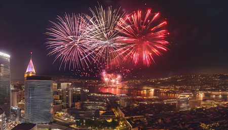 Beautiful firework display over the cityscape of Istanbul, Turkeyの素材