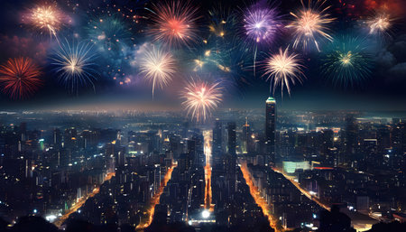 Fireworks over cityscape at night, Happy New Year concept.の素材