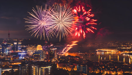 Colorful fireworks on the background of the city and the river.の素材