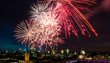 Colorful fireworks over the city of Frankfurt am Main, Germany.の素材