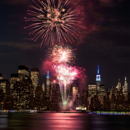 New York City Manhattan midtown skyline with fireworks over Hudson River.の素材