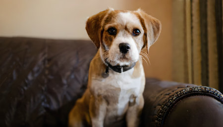 Cute beagle dog sitting on sofa in living room and looking at cameraの素材