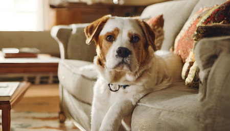 Portrait of cute dog lying on sofa in living room at homeの素材