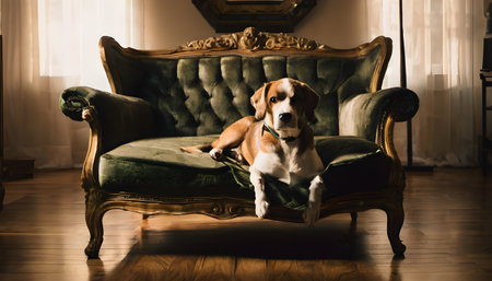 Beagle dog sitting on a vintage armchair in the living roomの素材