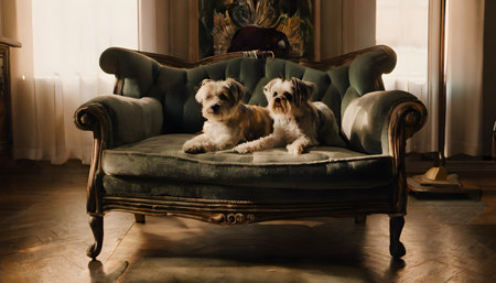 Cute little dogs sitting on a vintage armchair in the living roomの素材
