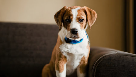Dog breed Beagle sitting on the couch and looking at the cameraの素材