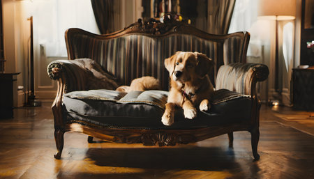 Golden Retriever dog on vintage armchair at living room.の素材