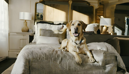 Labrador retriever dog sitting on the bed in the room.の素材