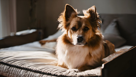 Portrait of a cute dog lying on the bed at home.の素材