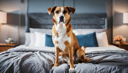 Portrait of a cute mixed breed dog sitting on the bed at homeの素材