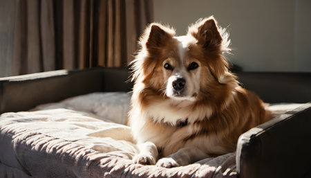 Cute dog on bed at home, closeup. Friendly petの素材