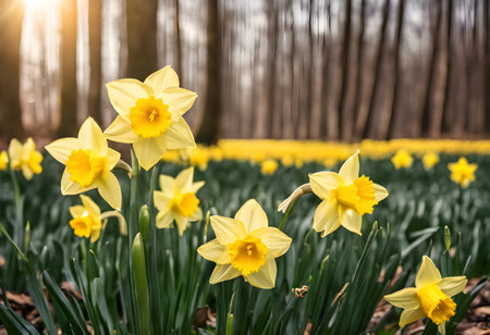 Daffodils blooming in the springtime in the forest.の素材
